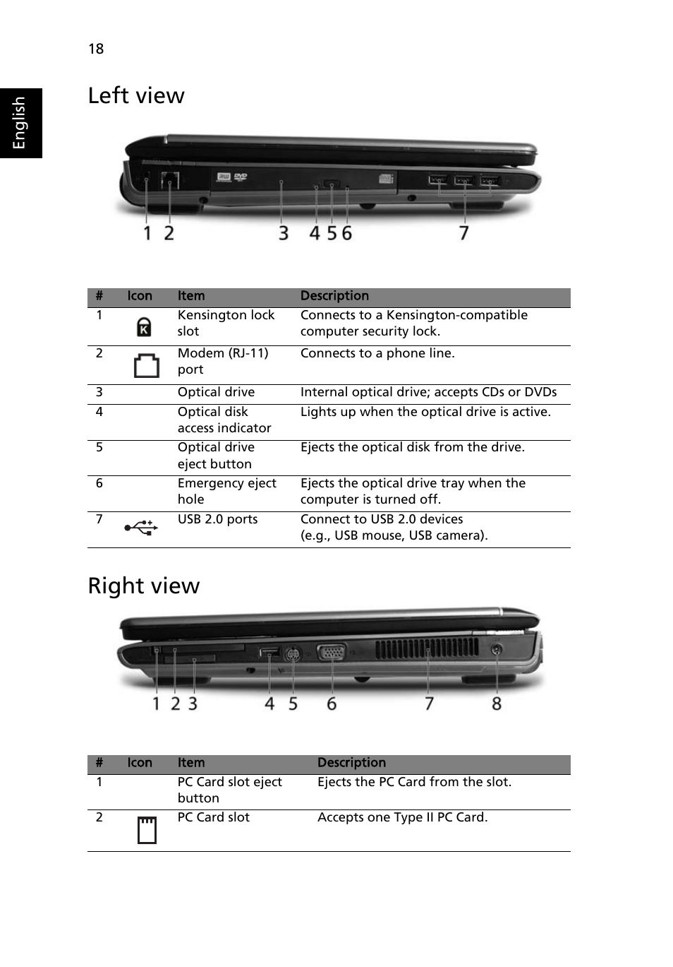 Left view, Right view, Left view right view | Acer TravelMate 6500 User Manual | Page 32 / 101