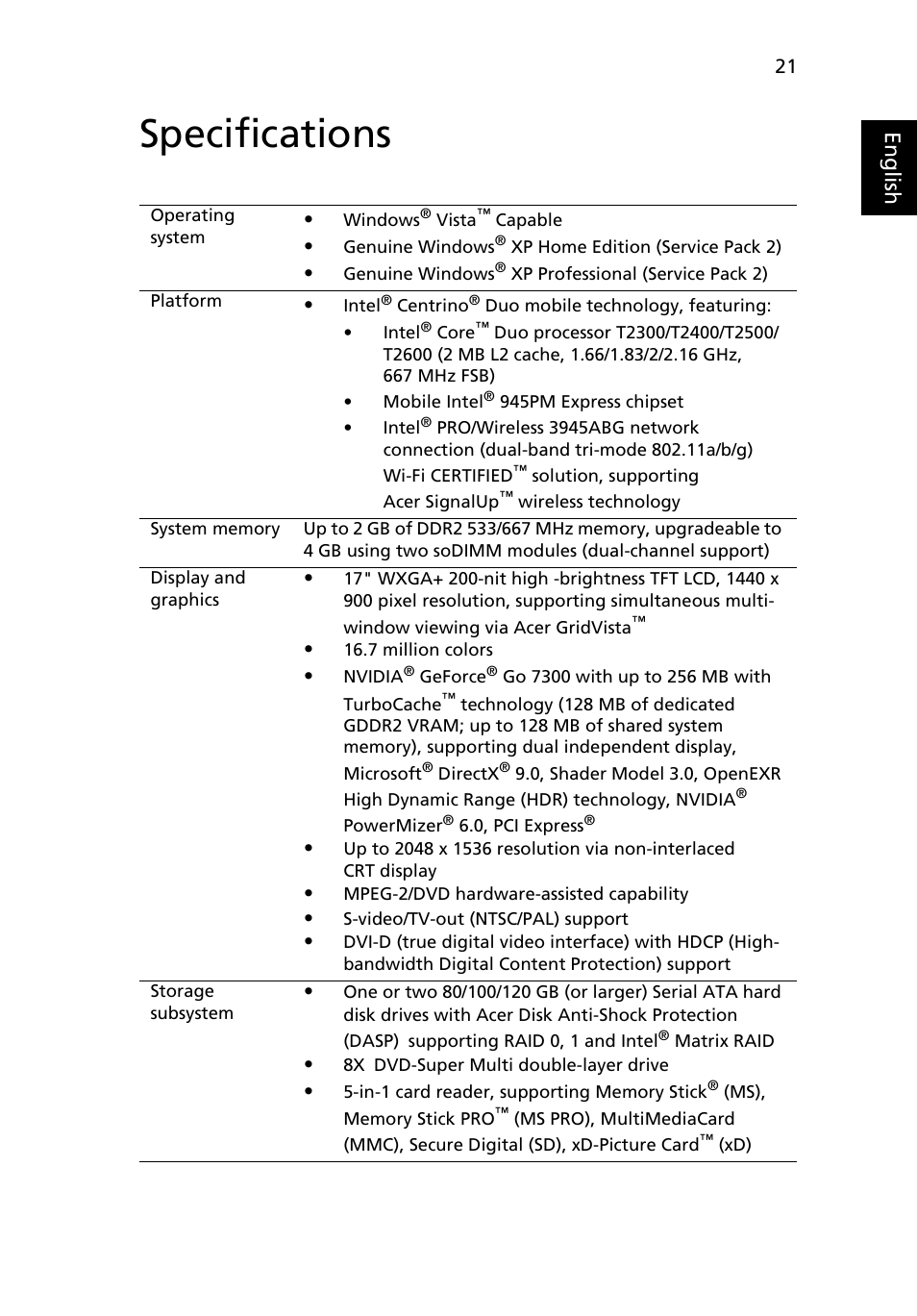 Specifications, Eng lis h | Acer TravelMate 6500 User Manual | Page 35 / 101
