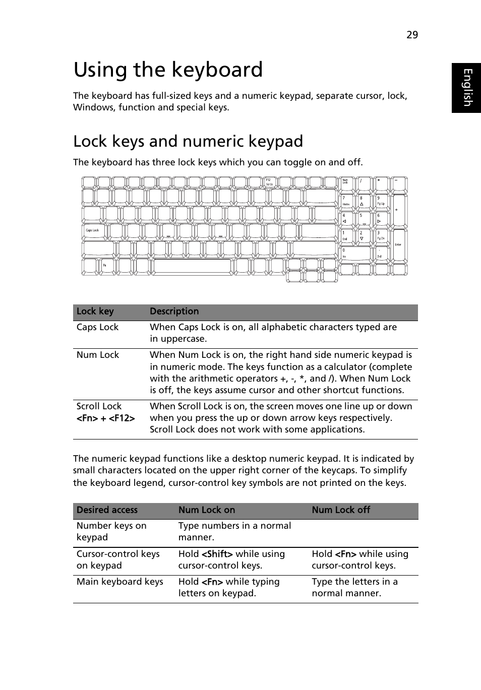 Using the keyboard, Lock keys and numeric keypad | Acer TravelMate 6500 User Manual | Page 43 / 101