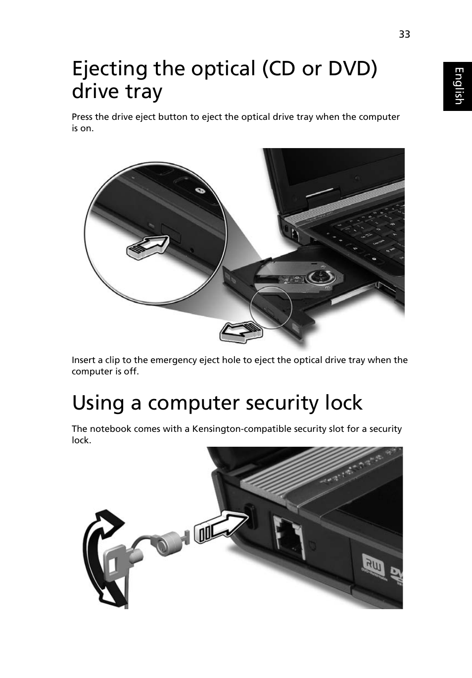 Ejecting the optical (cd or dvd) drive tray, Using a computer security lock | Acer TravelMate 6500 User Manual | Page 47 / 101