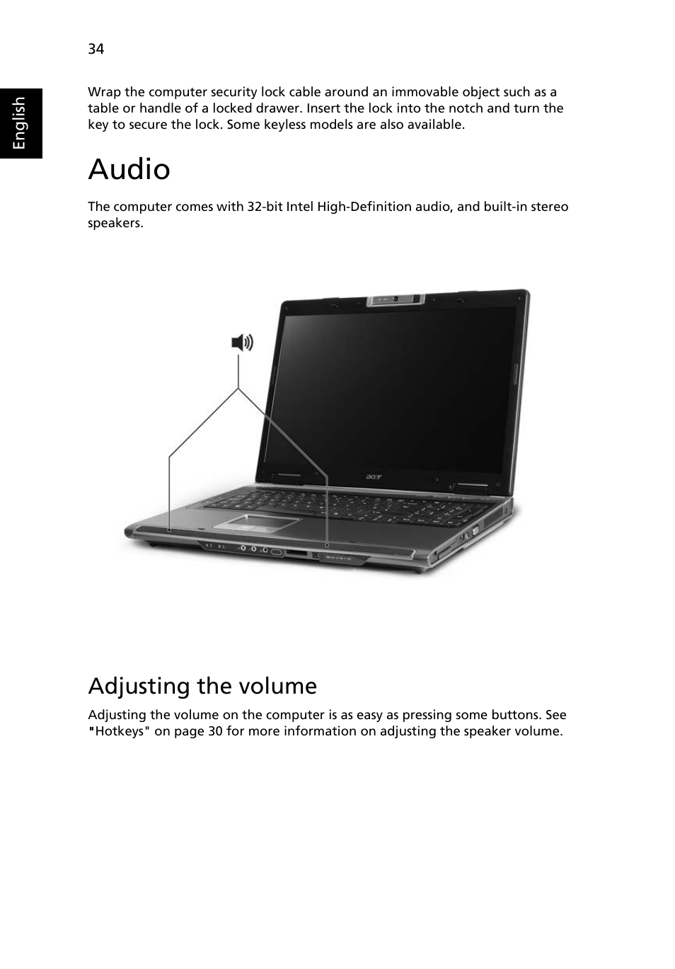 Audio, Adjusting the volume | Acer TravelMate 6500 User Manual | Page 48 / 101