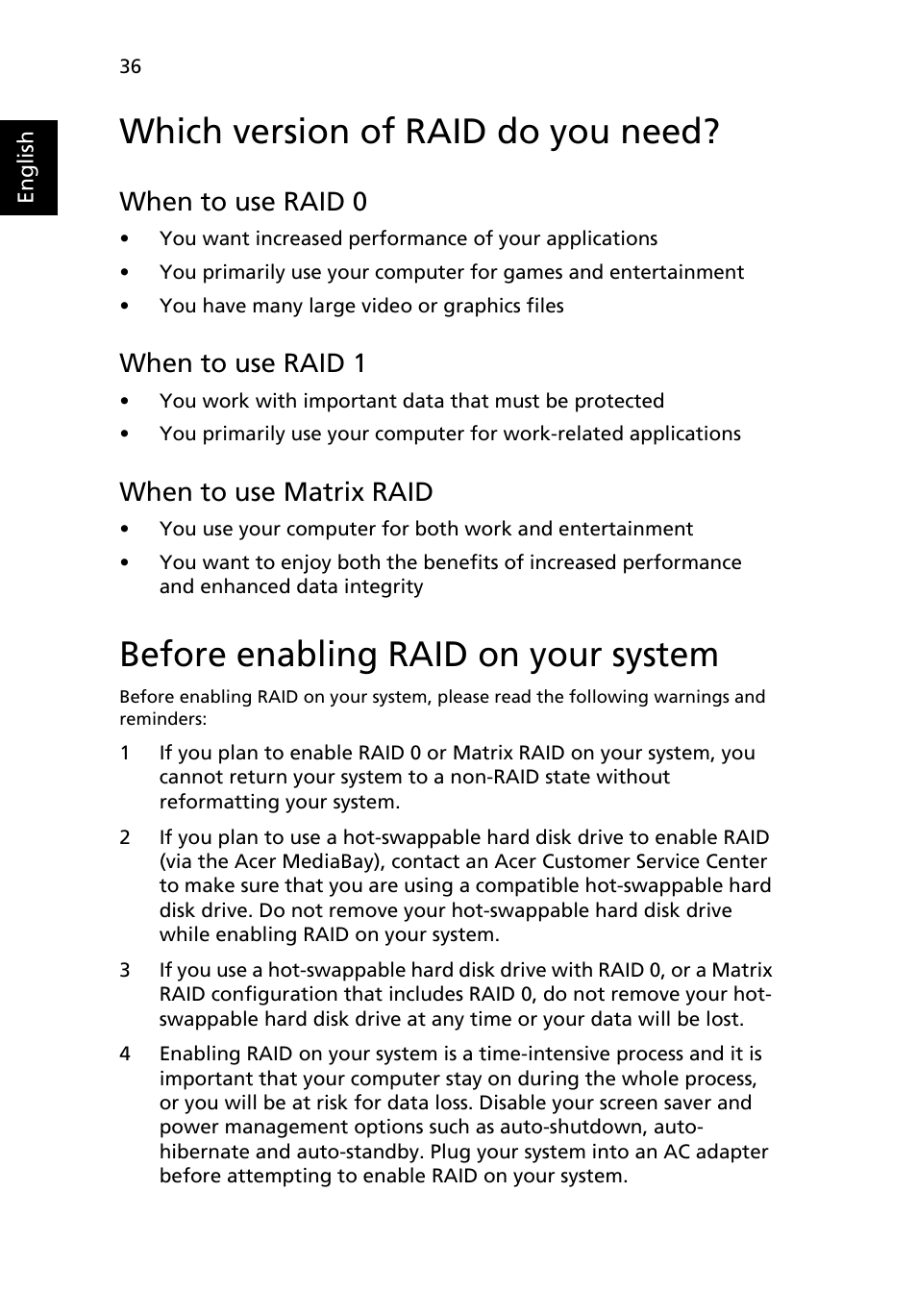 Which version of raid do you need, Before enabling raid on your system, When to use raid 0 | When to use raid 1, When to use matrix raid | Acer TravelMate 6500 User Manual | Page 50 / 101