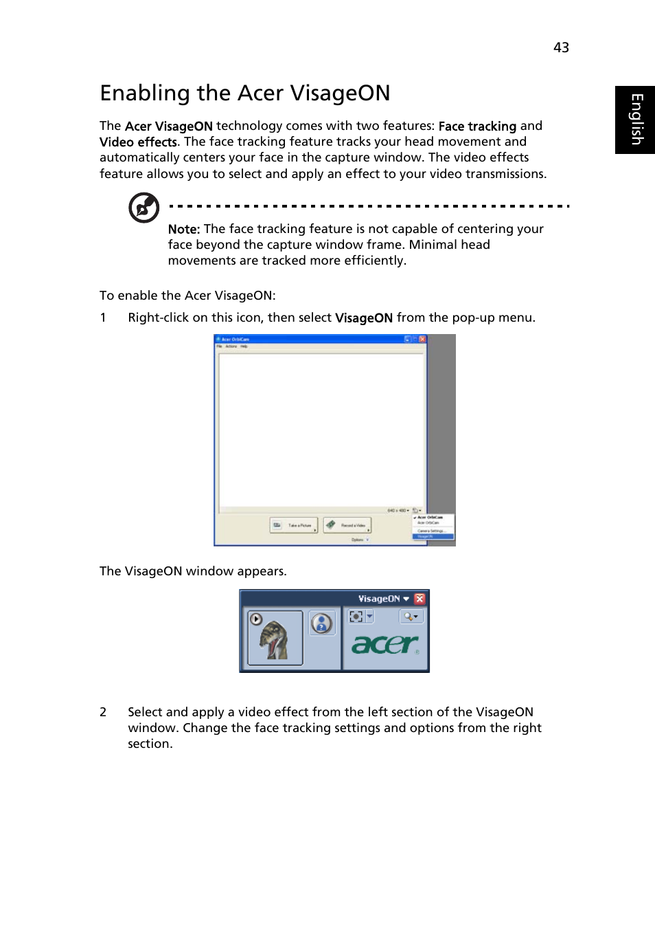 Enabling the acer visageon | Acer TravelMate 6500 User Manual | Page 57 / 101