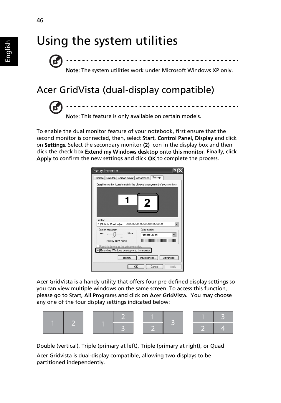 Using the system utilities, Acer gridvista (dual-display compatible) | Acer TravelMate 6500 User Manual | Page 60 / 101