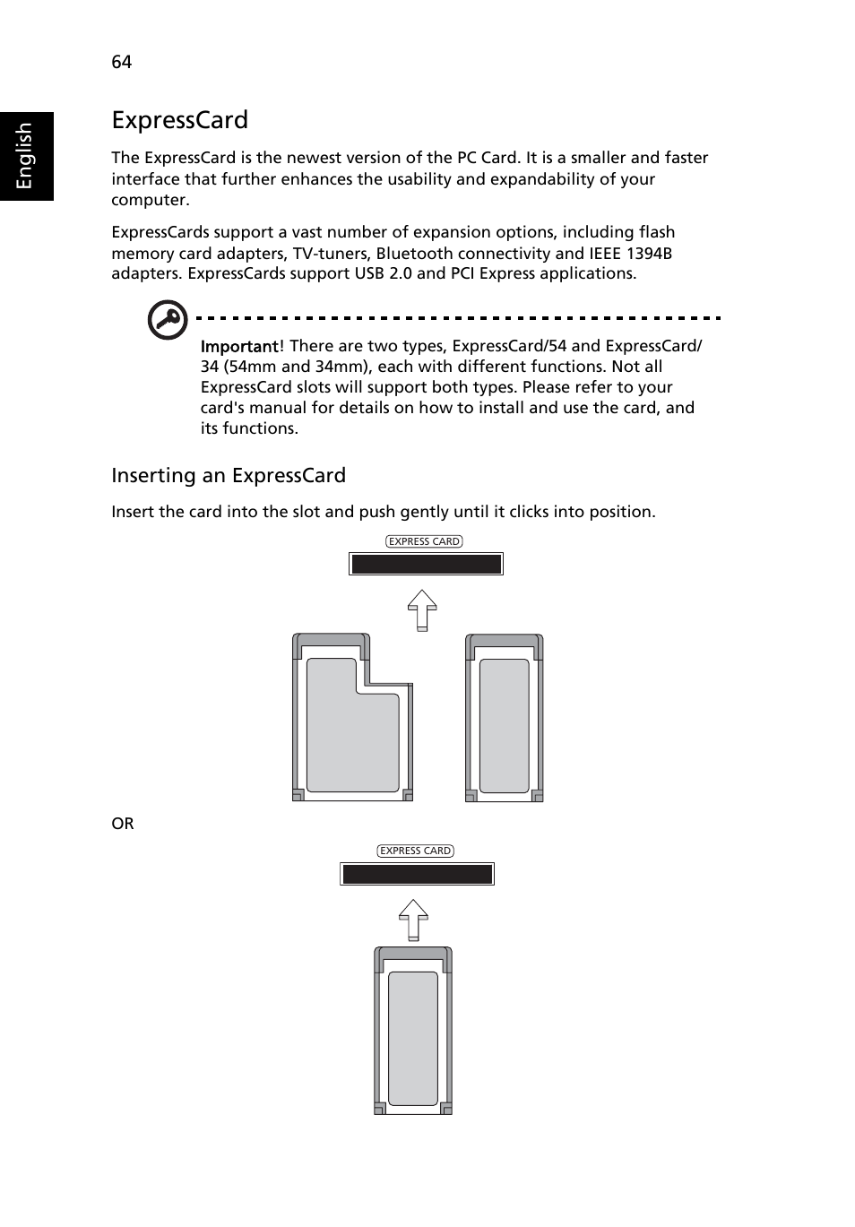 Expresscard, English, Inserting an expresscard | Acer TravelMate 6500 User Manual | Page 78 / 101