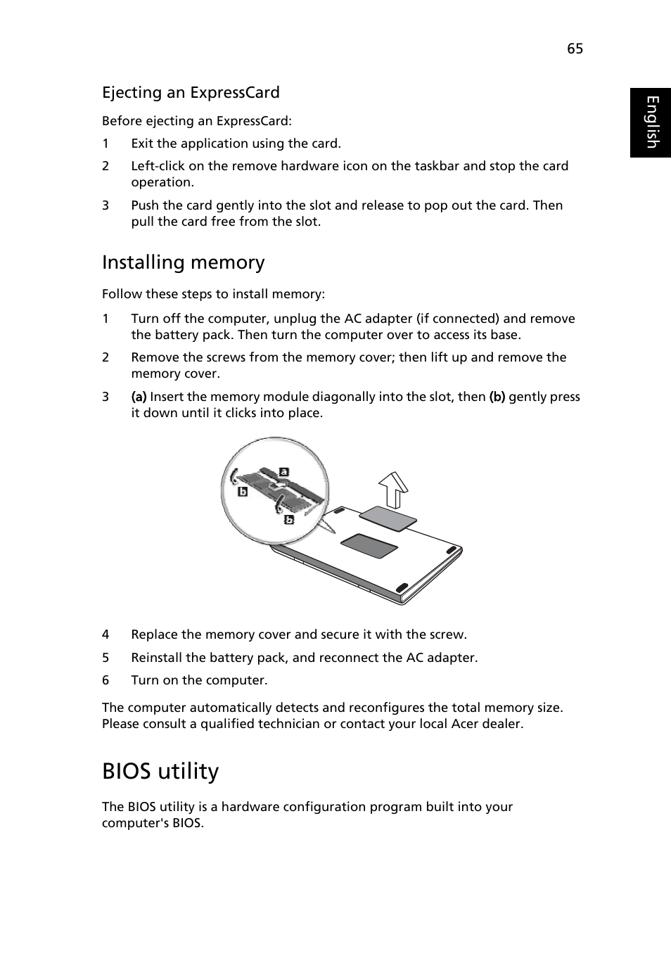 Bios utility, Installing memory | Acer TravelMate 6500 User Manual | Page 79 / 101