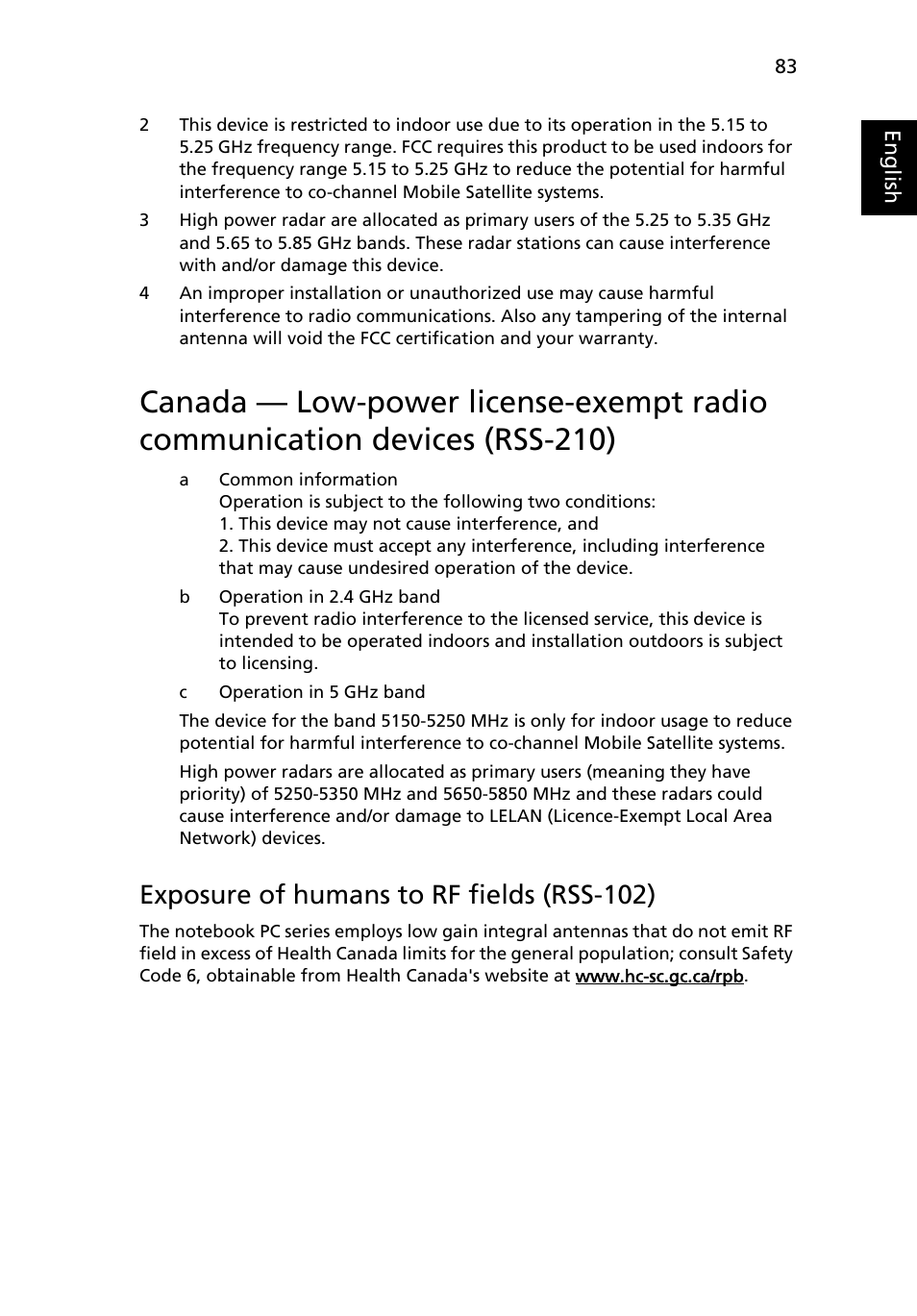 Canada — low-power license-exempt radio, Communication devices (rss-210), Exposure of humans to rf fields (rss-102) | Acer TravelMate 6500 User Manual | Page 97 / 101