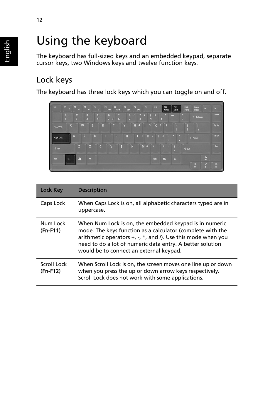 Using the keyboard, Lock keys | Acer Aspire 9100 User Manual | Page 22 / 90