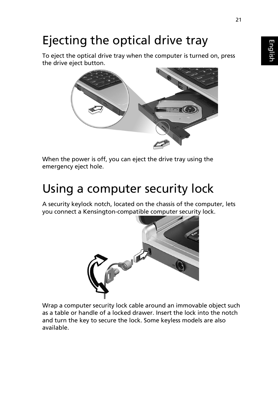 Ejecting the optical drive tray, Using a computer security lock | Acer Aspire 9100 User Manual | Page 31 / 90