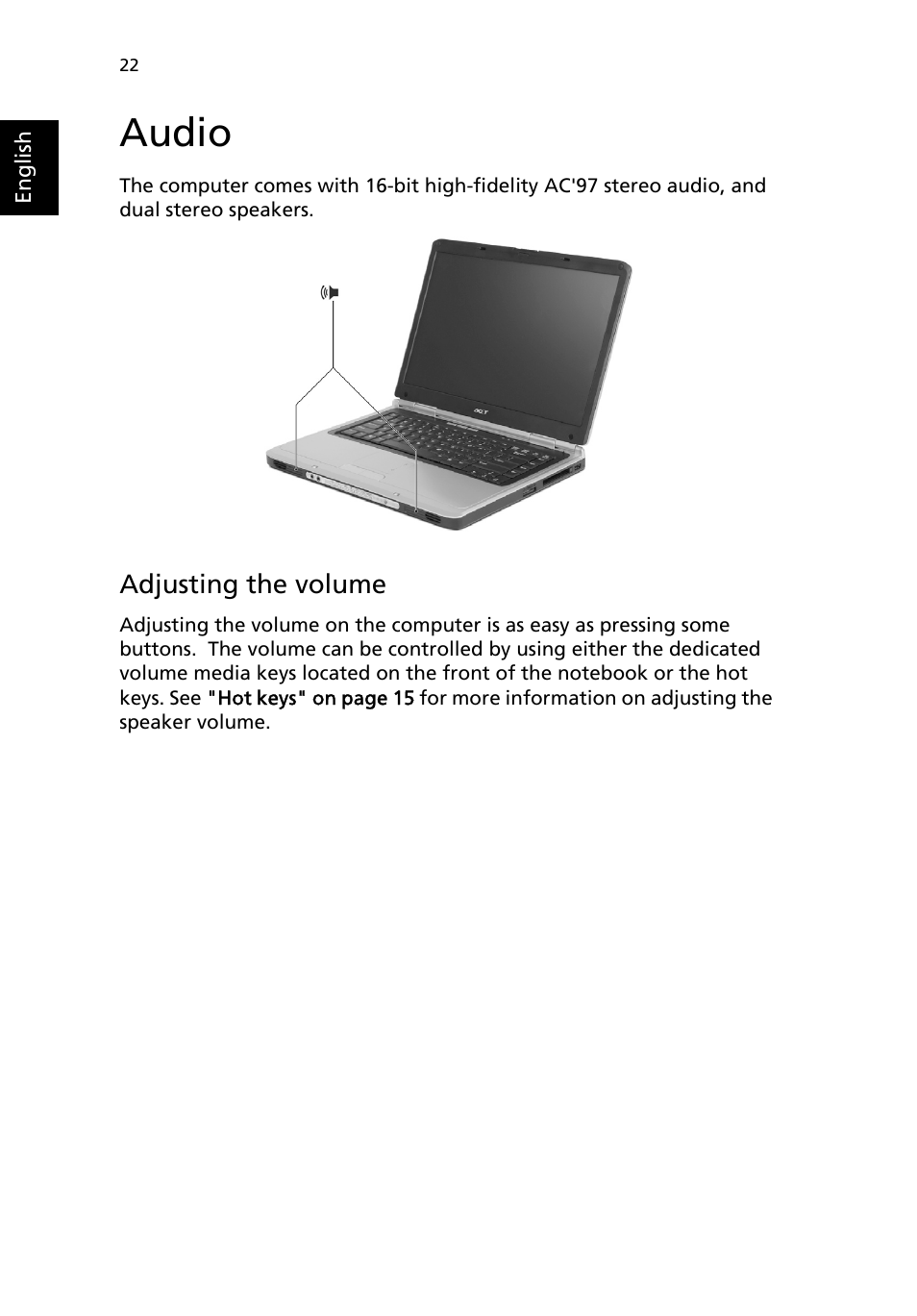 Audio, Adjusting the volume | Acer Aspire 9100 User Manual | Page 32 / 90