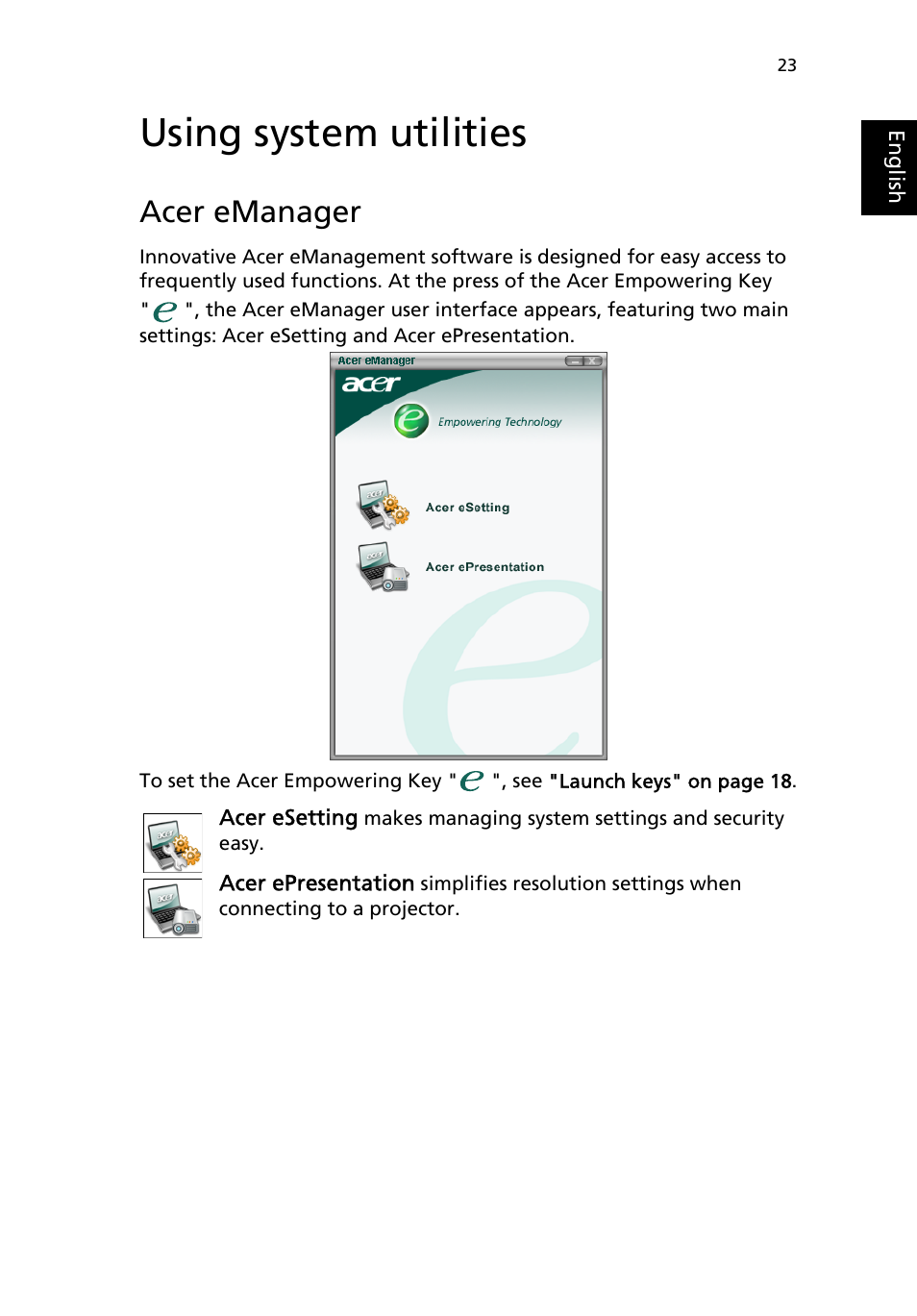 Using system utilities, Acer emanager, Acer | Acer Aspire 9100 User Manual | Page 33 / 90