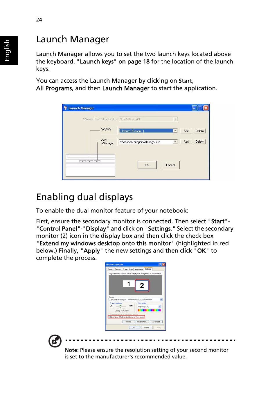 Launch manager, Enabling dual displays | Acer Aspire 9100 User Manual | Page 34 / 90