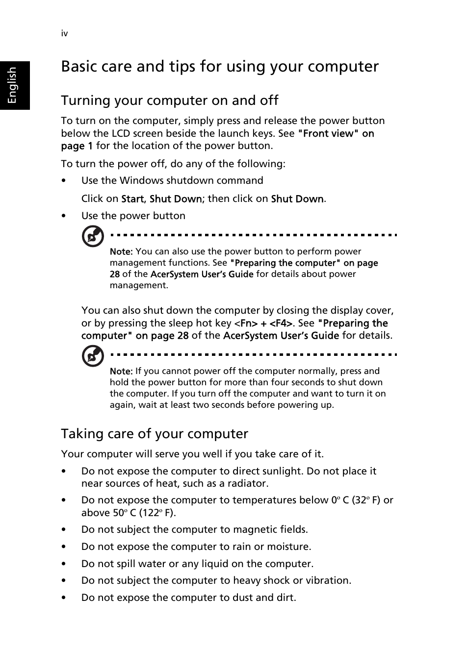 Basic care and tips for using your computer, Turning your computer on and off, Taking care of your computer | Acer Aspire 9100 User Manual | Page 4 / 90