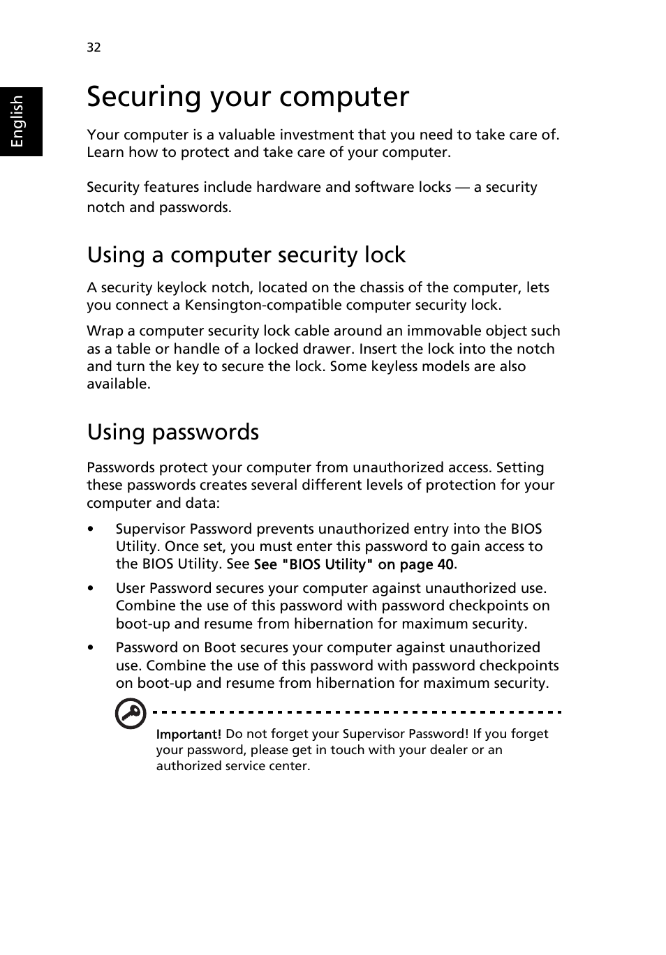 Securing your computer, Using a computer security lock, Using passwords | Acer Aspire 9100 User Manual | Page 42 / 90