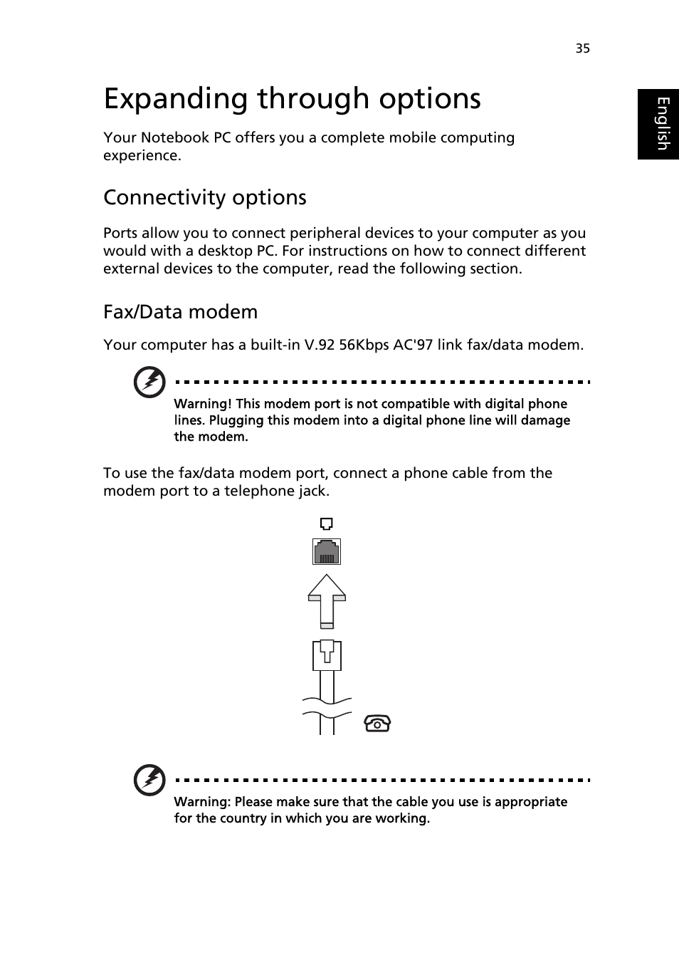 Expanding through options, Connectivity options, Fax/data modem | Acer Aspire 9100 User Manual | Page 45 / 90