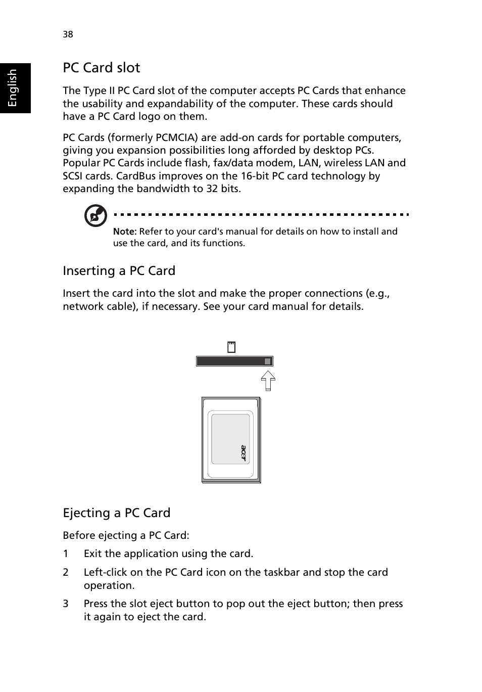 Pc card slot, Inserting a pc card, Ejecting a pc card | Acer Aspire 9100 User Manual | Page 48 / 90