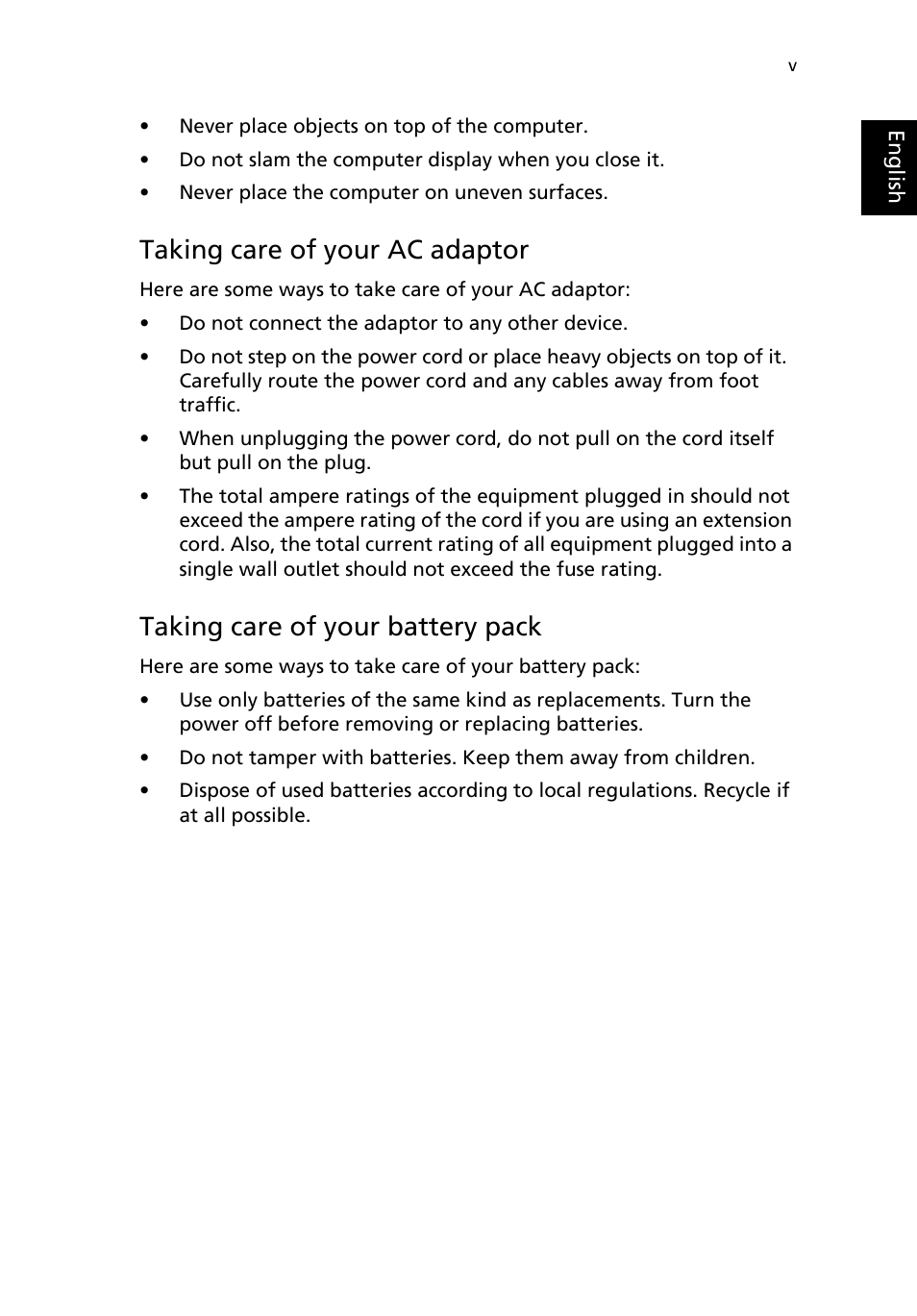 Taking care of your ac adaptor, Taking care of your battery pack | Acer Aspire 9100 User Manual | Page 5 / 90