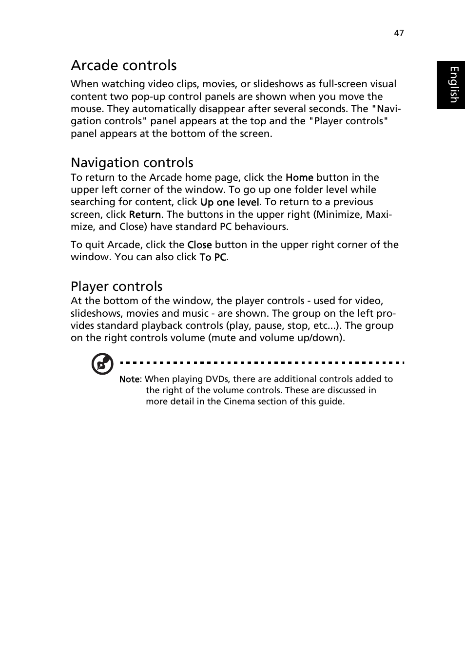 Arcade controls, Navigation controls, Player controls | Acer Aspire 9100 User Manual | Page 57 / 90