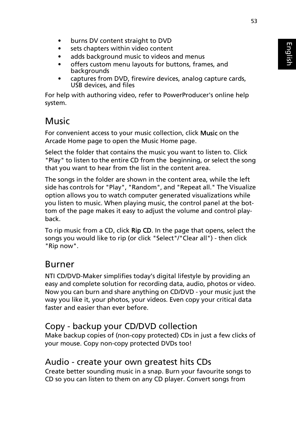 Music, Burner, Copy - backup your cd/dvd collection | Audio - create your own greatest hits cds | Acer Aspire 9100 User Manual | Page 63 / 90