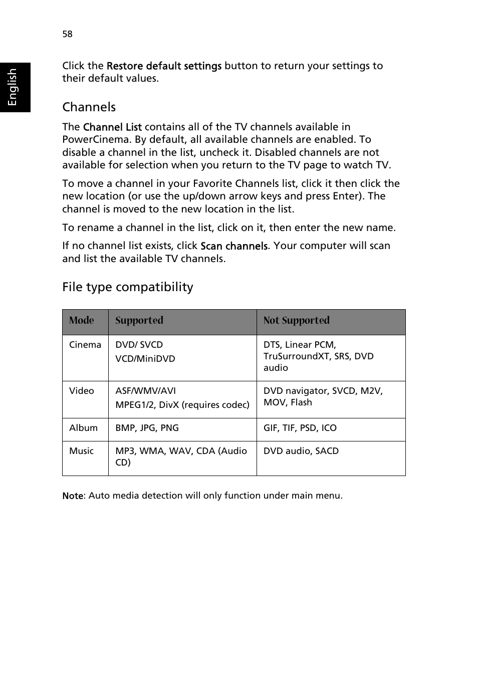 Channels, File type compatibility | Acer Aspire 9100 User Manual | Page 68 / 90