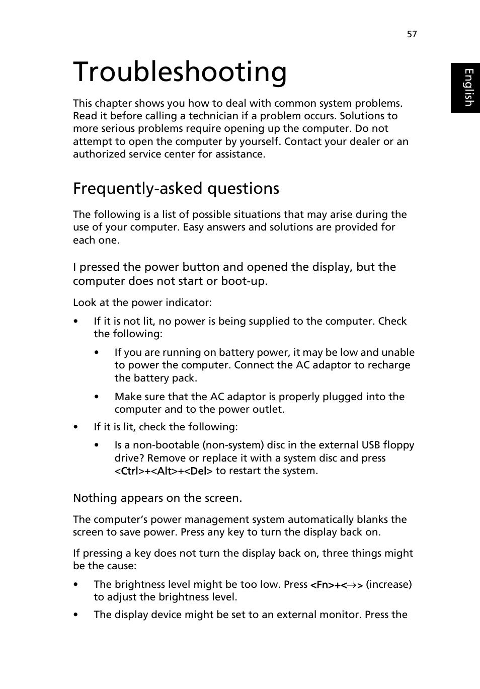 Troubleshooting, Frequently-asked questions | Acer Aspire 9100 User Manual | Page 69 / 90