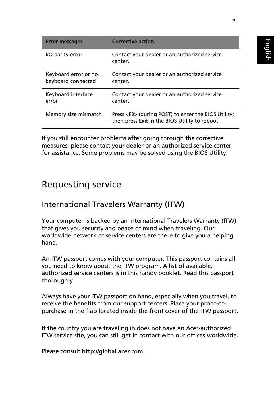 Requesting service, International travelers warranty (itw) | Acer Aspire 9100 User Manual | Page 73 / 90