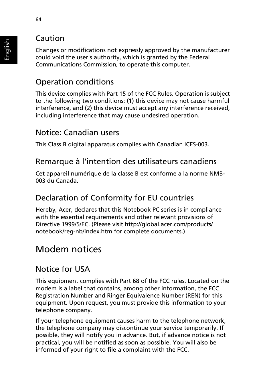Modem notices, Caution, Operation conditions | Notice: canadian users, Remarque à l'intention des utilisateurs canadiens, Declaration of conformity for eu countries, Notice for usa | Acer Aspire 9100 User Manual | Page 76 / 90