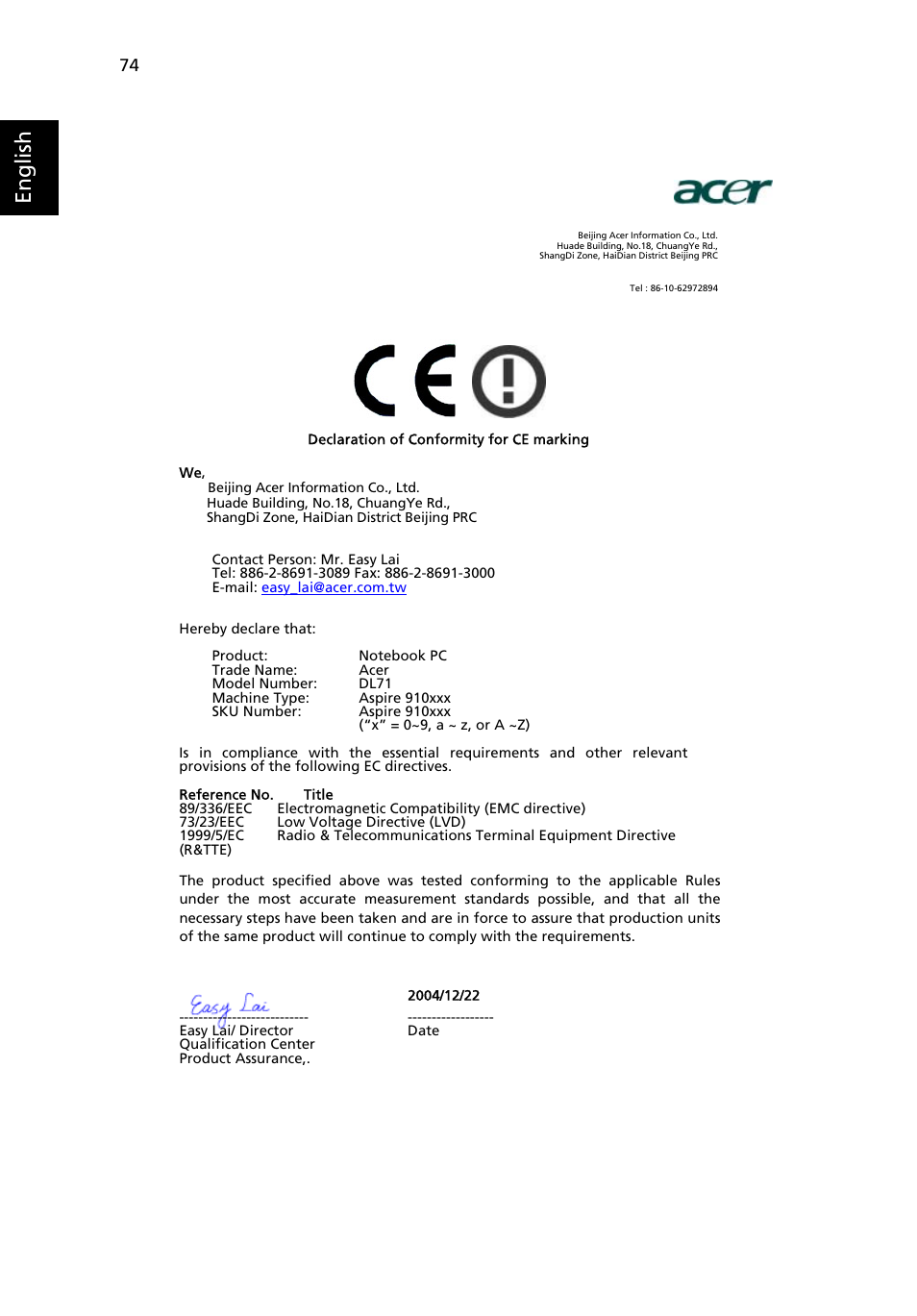 English | Acer Aspire 9100 User Manual | Page 86 / 90