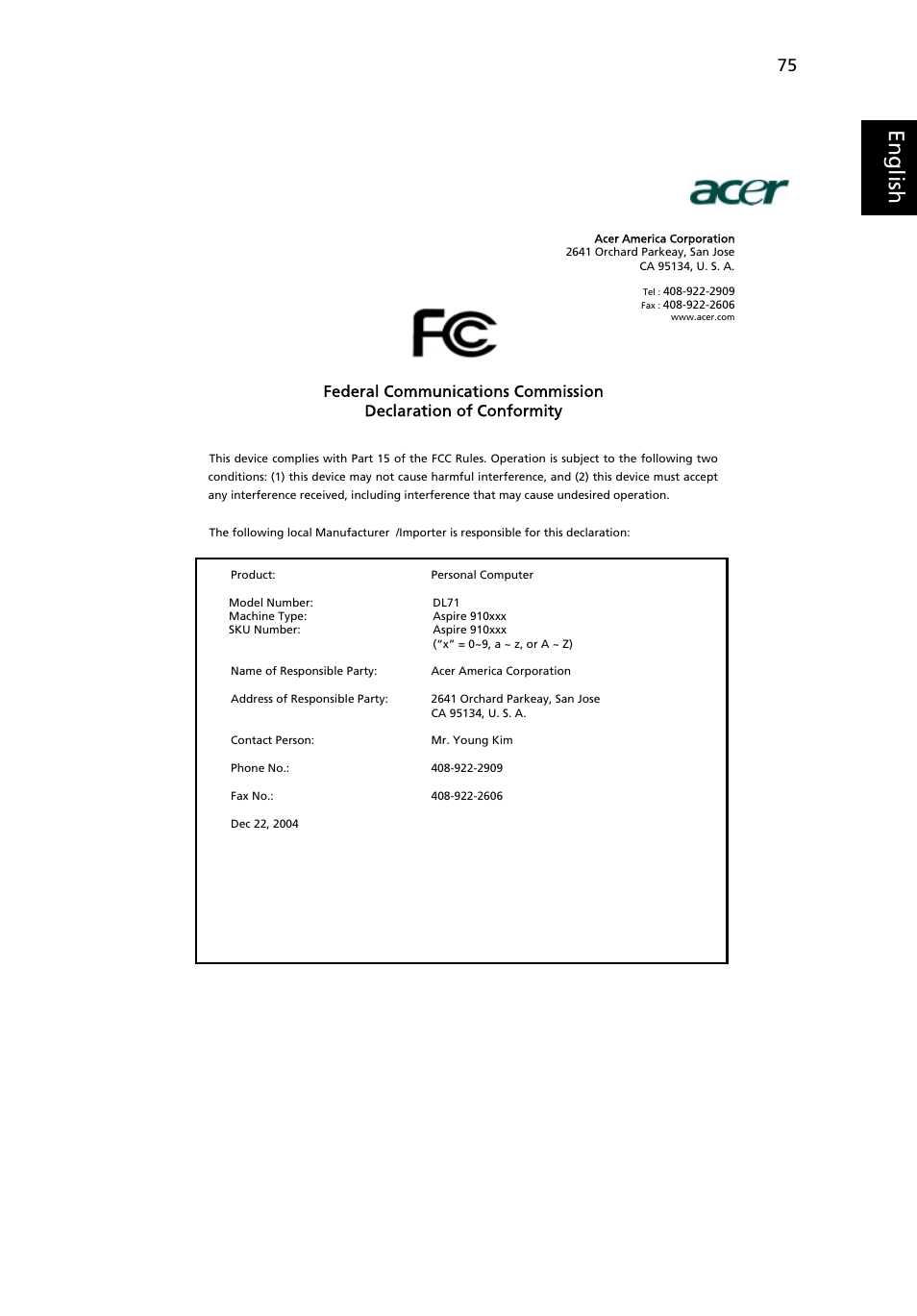 Eng lish eng lis h | Acer Aspire 9100 User Manual | Page 87 / 90