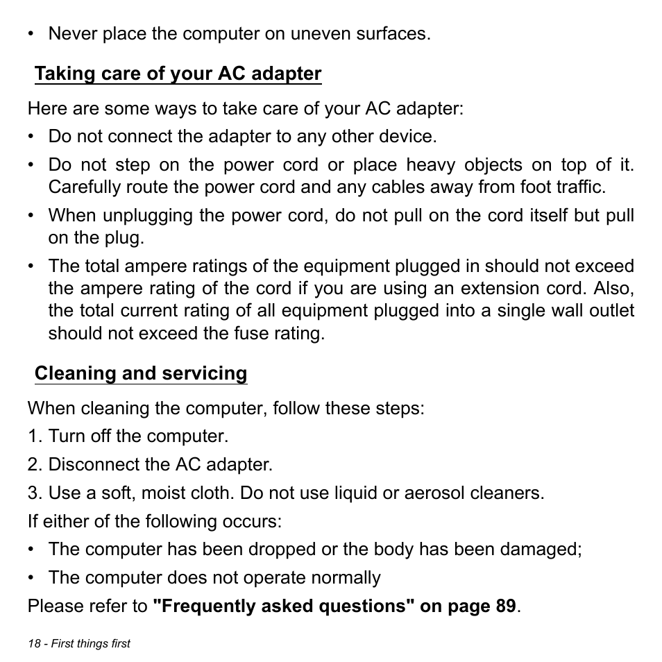 Taking care of your ac adapter, Cleaning and servicing | Acer Aspire R7-571G User Manual | Page 18 / 108