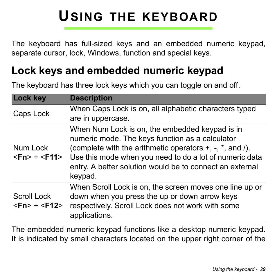Using the keyboard, Lock keys and embedded numeric keypad, Sing | Keyboard | Acer Aspire R7-571G User Manual | Page 29 / 108