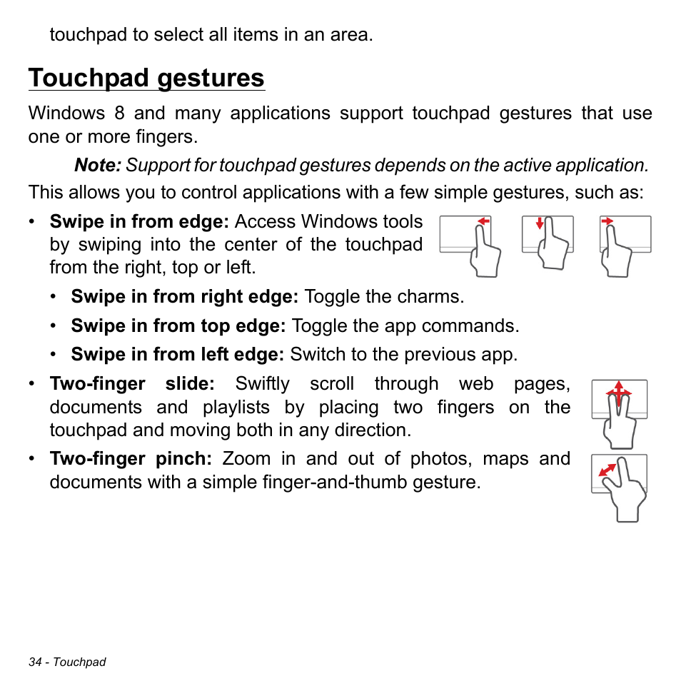 Touchpad gestures | Acer Aspire R7-571G User Manual | Page 34 / 108