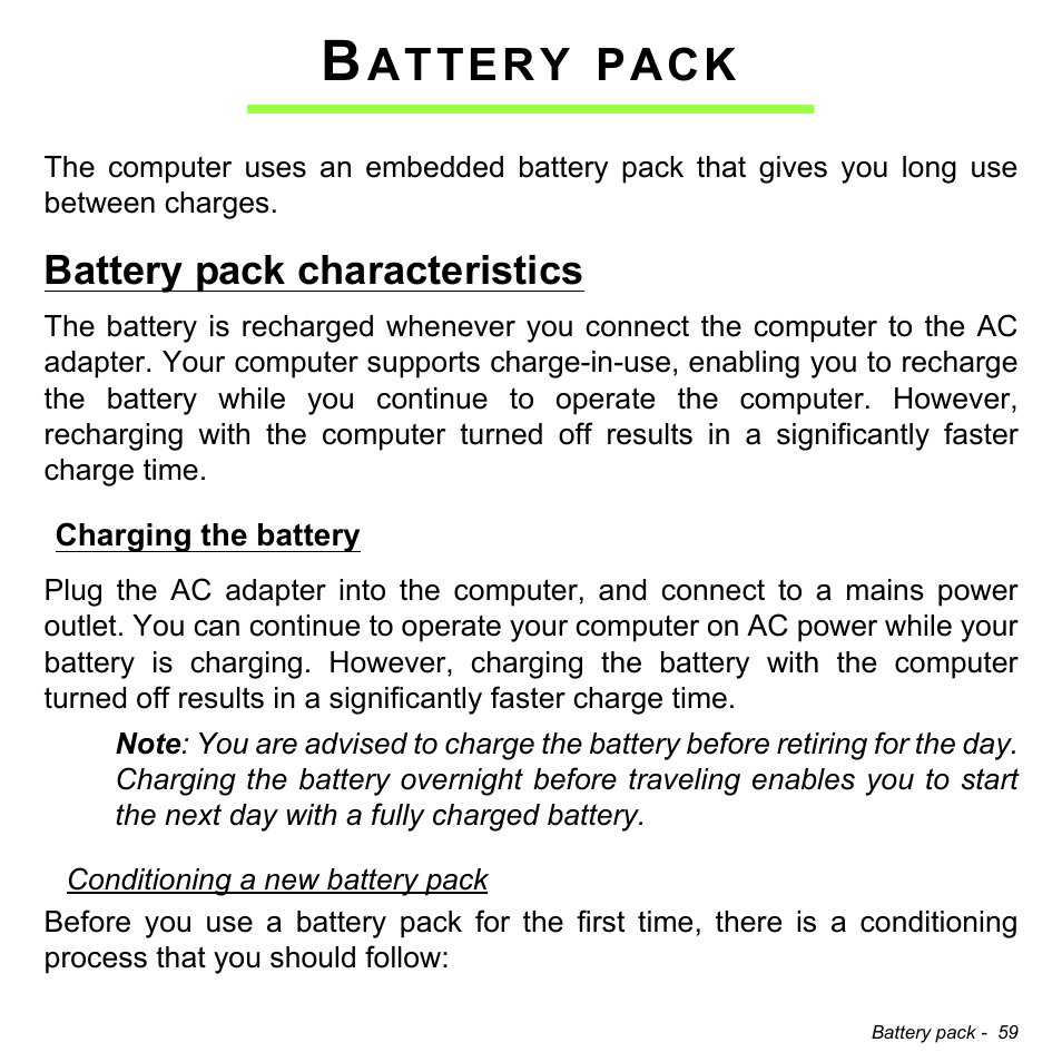 Battery pack, Battery pack characteristics, Charging the battery | Attery, Pack | Acer Aspire R7-571G User Manual | Page 59 / 108