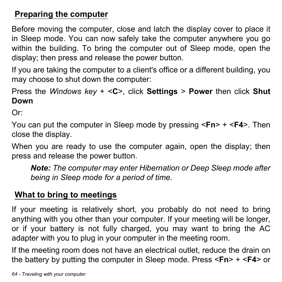 Preparing the computer, What to bring to meetings, Preparing the computer what to bring to meetings | Acer Aspire R7-571G User Manual | Page 64 / 108