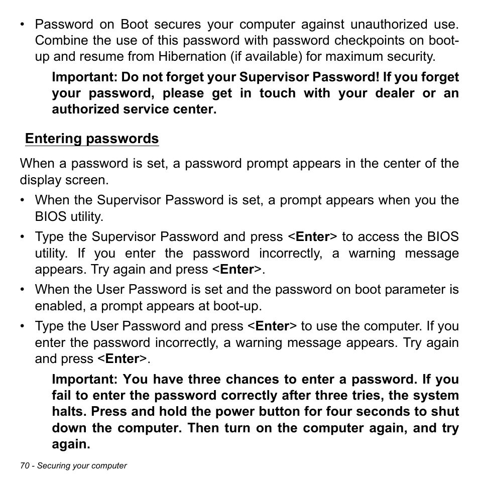 Entering passwords | Acer Aspire R7-571G User Manual | Page 70 / 108