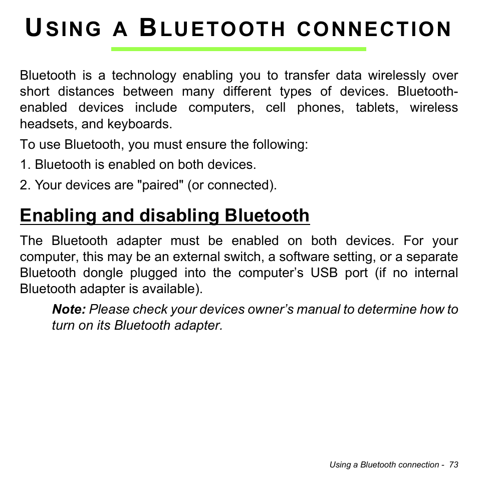 Using a bluetooth connection, Enabling and disabling bluetooth | Acer Aspire R7-571G User Manual | Page 73 / 108