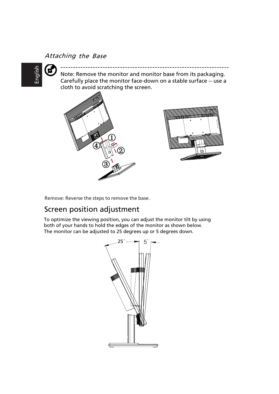 Screen position adjustment, Attaching the base, Eng lish | ᑒ஀ኁጒ | Acer V236HL User Manual | Page 6 / 7
