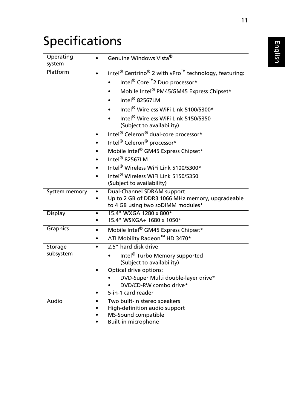 Specifications, Eng lis h | Acer TravelMate 6553 User Manual | Page 11 / 13