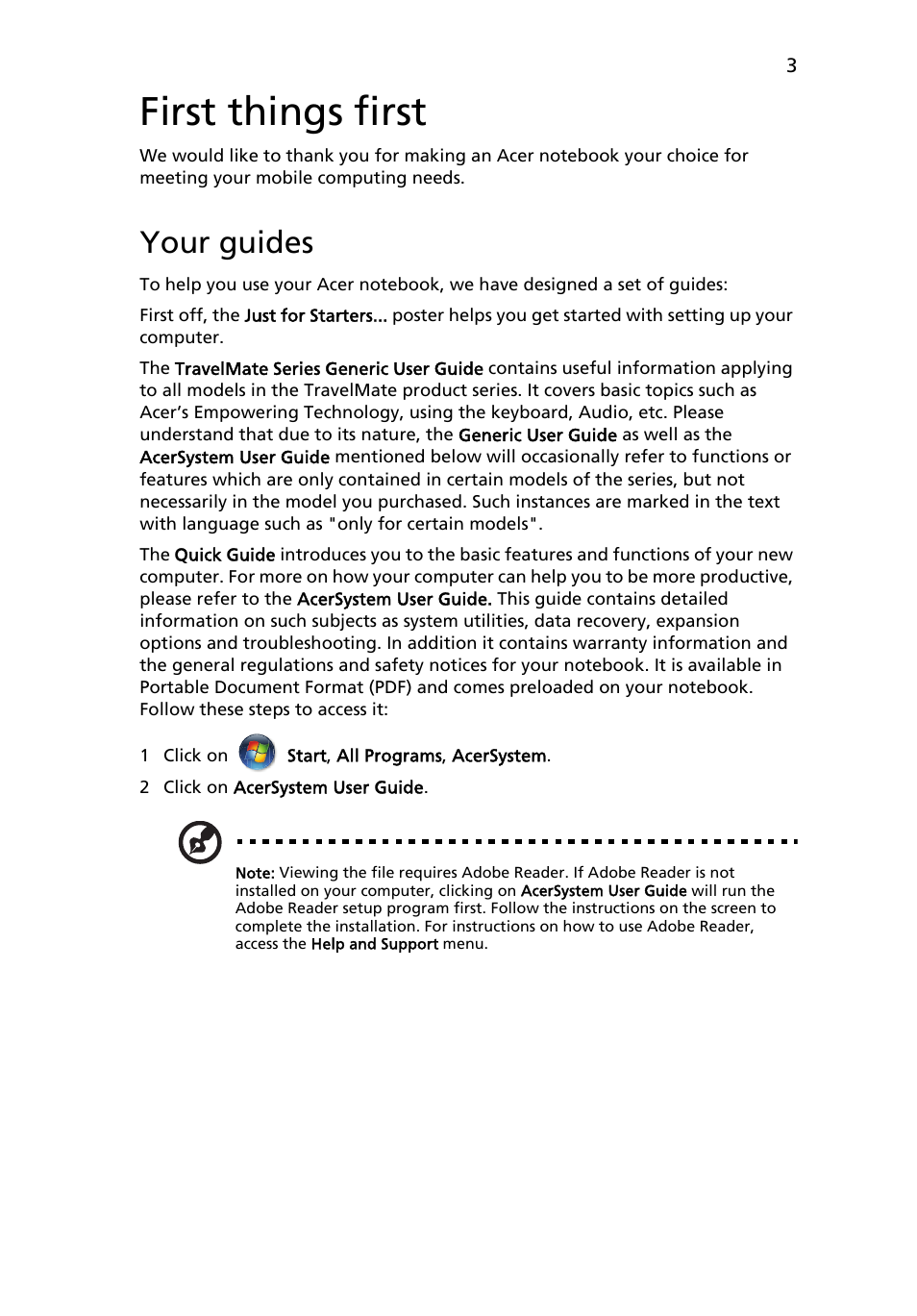 First things first, Your guides | Acer TravelMate 6553 User Manual | Page 3 / 13