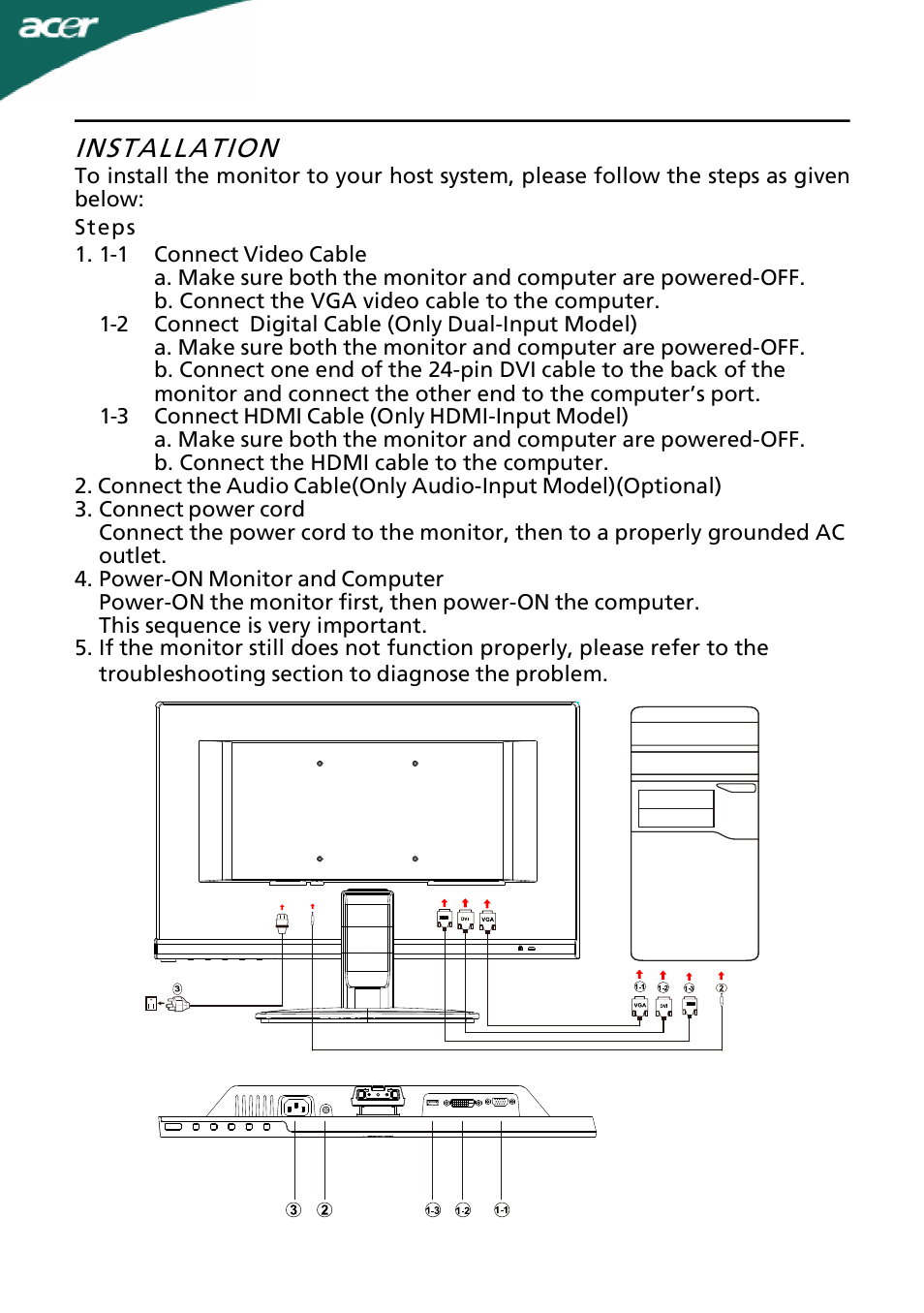 Installation | Acer A231HL User Manual | Page 13 / 23