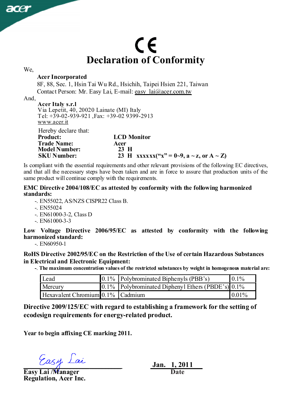 Declaration of conformity | Acer A231HL User Manual | Page 22 / 23