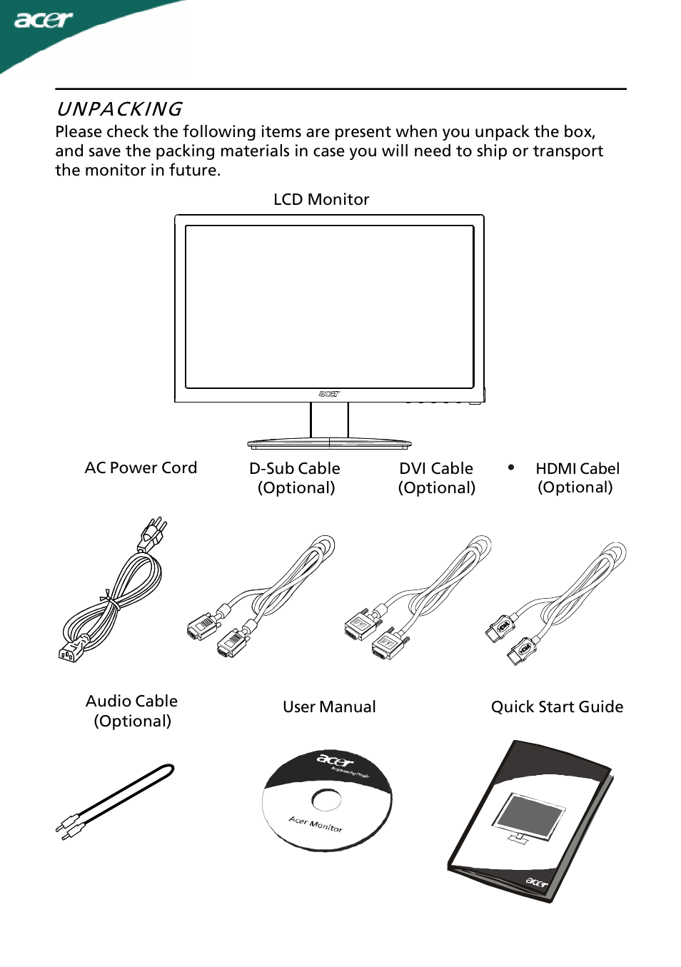 Unpacking | Acer A231HL User Manual | Page 6 / 23