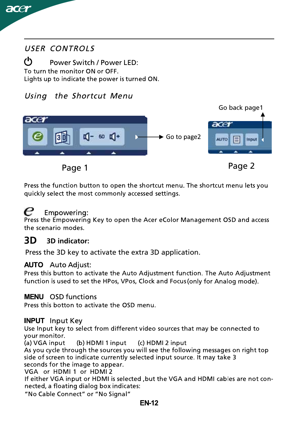 Page 1 page 2, Go back page1 | Acer HR274H User Manual | Page 13 / 25