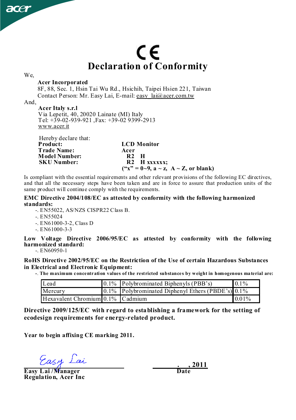 Declaration of conformity | Acer HR274H User Manual | Page 24 / 25