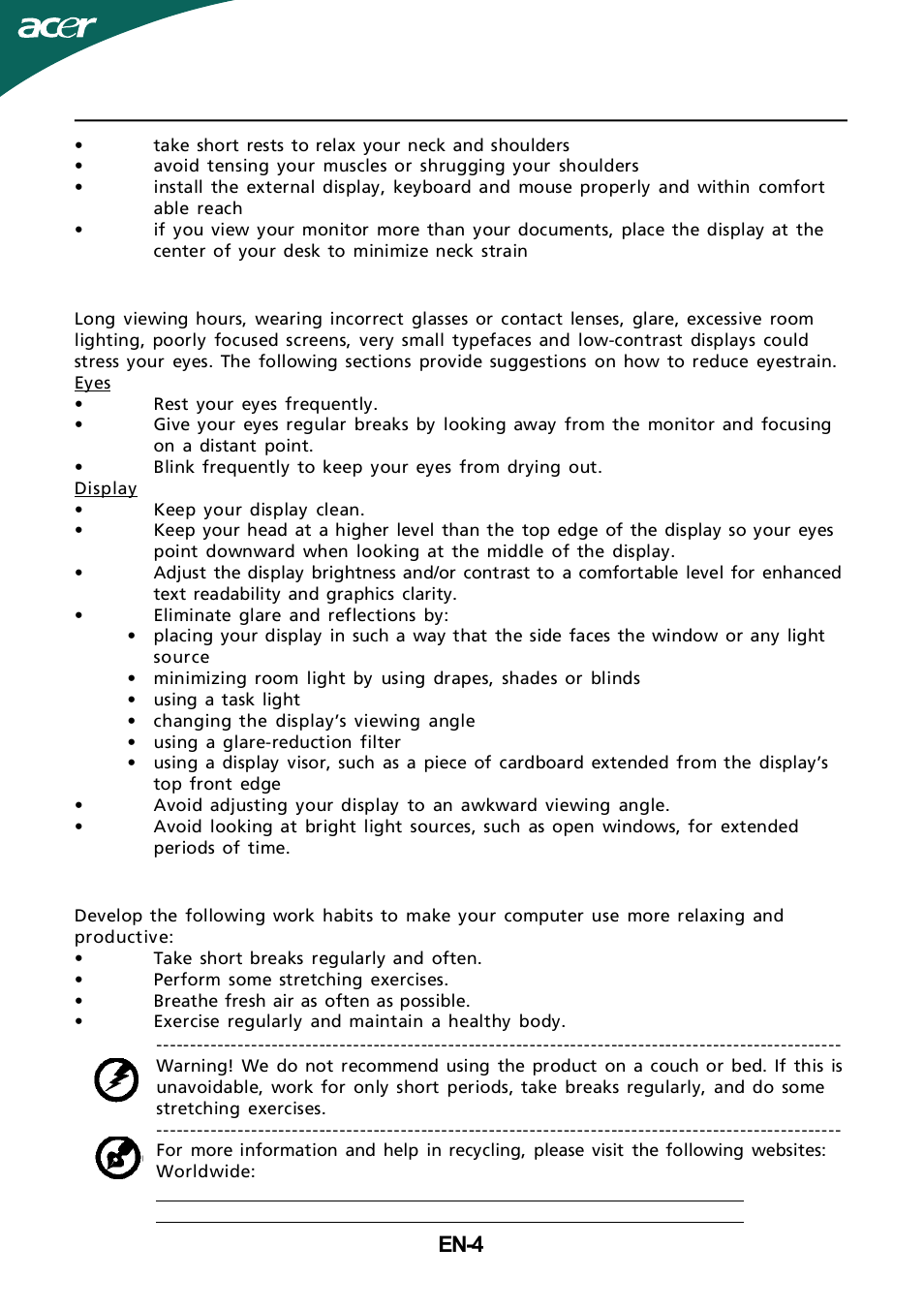 En-4, Taking care of your vision, Developing good work habits | Acer HR274H User Manual | Page 5 / 25