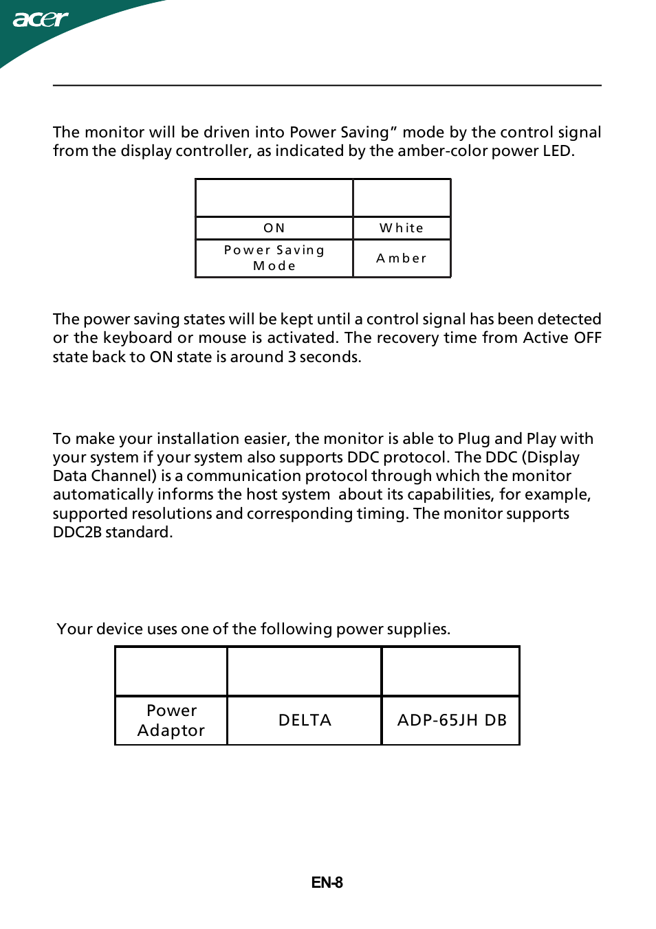 Power saving, Power adaptor | Acer HR274H User Manual | Page 9 / 25