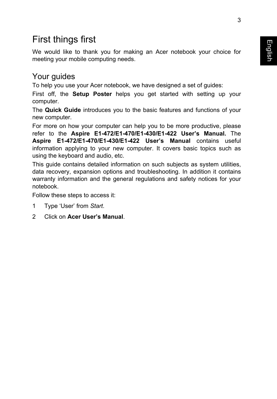 First things first, Your guides | Acer Aspire E1-422G User Manual | Page 3 / 9