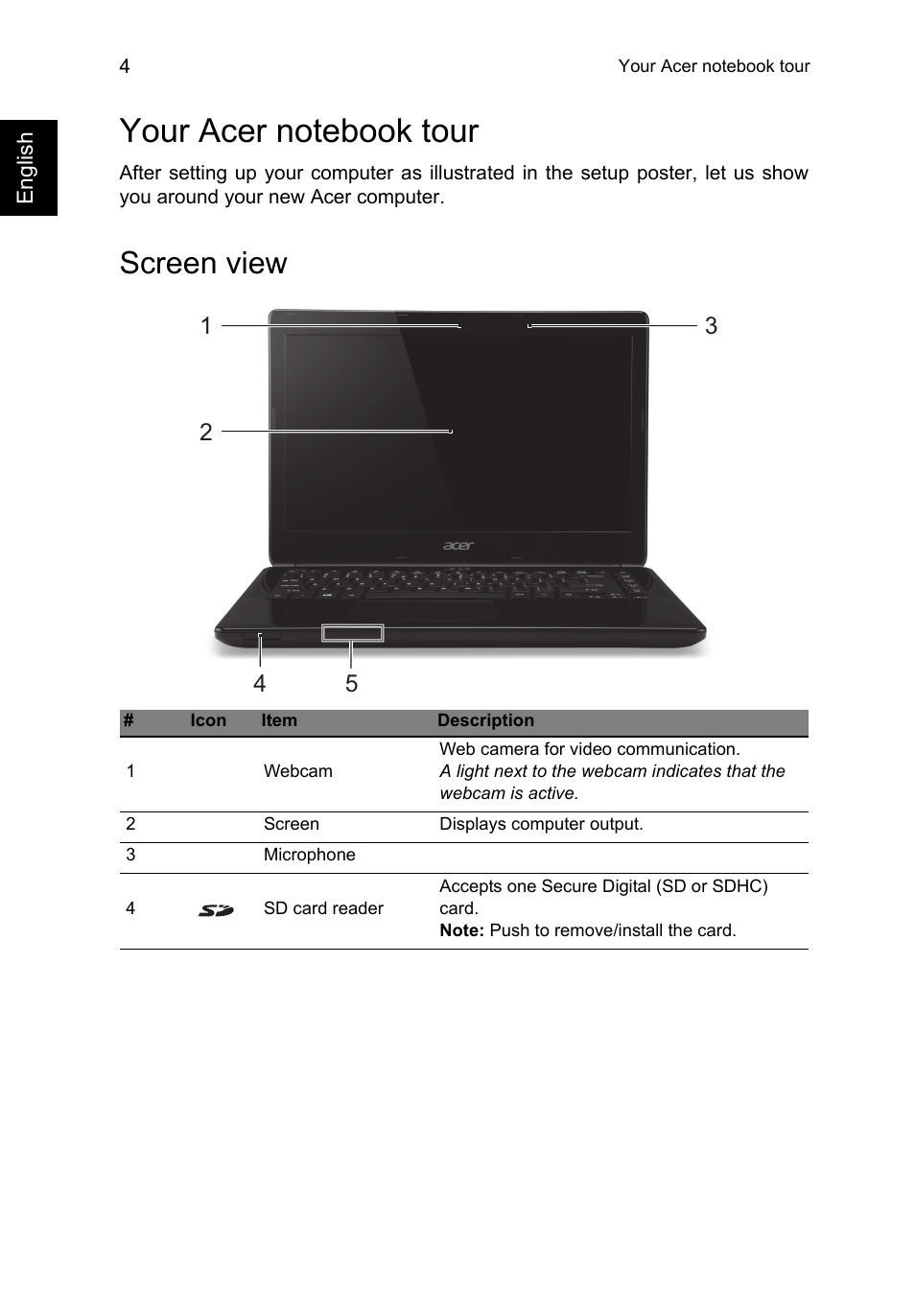 Your acer notebook tour, Screen view | Acer Aspire E1-422G User Manual | Page 4 / 9