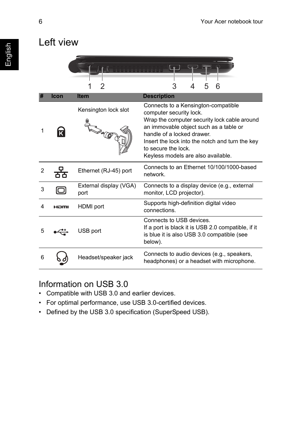 Left view, Information on usb 3.0 | Acer Aspire E1-422G User Manual | Page 6 / 9