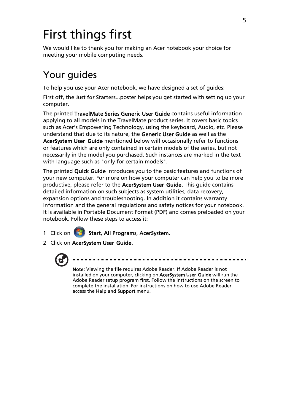 First things first, Your guides | Acer TravelMate 4730G User Manual | Page 5 / 13